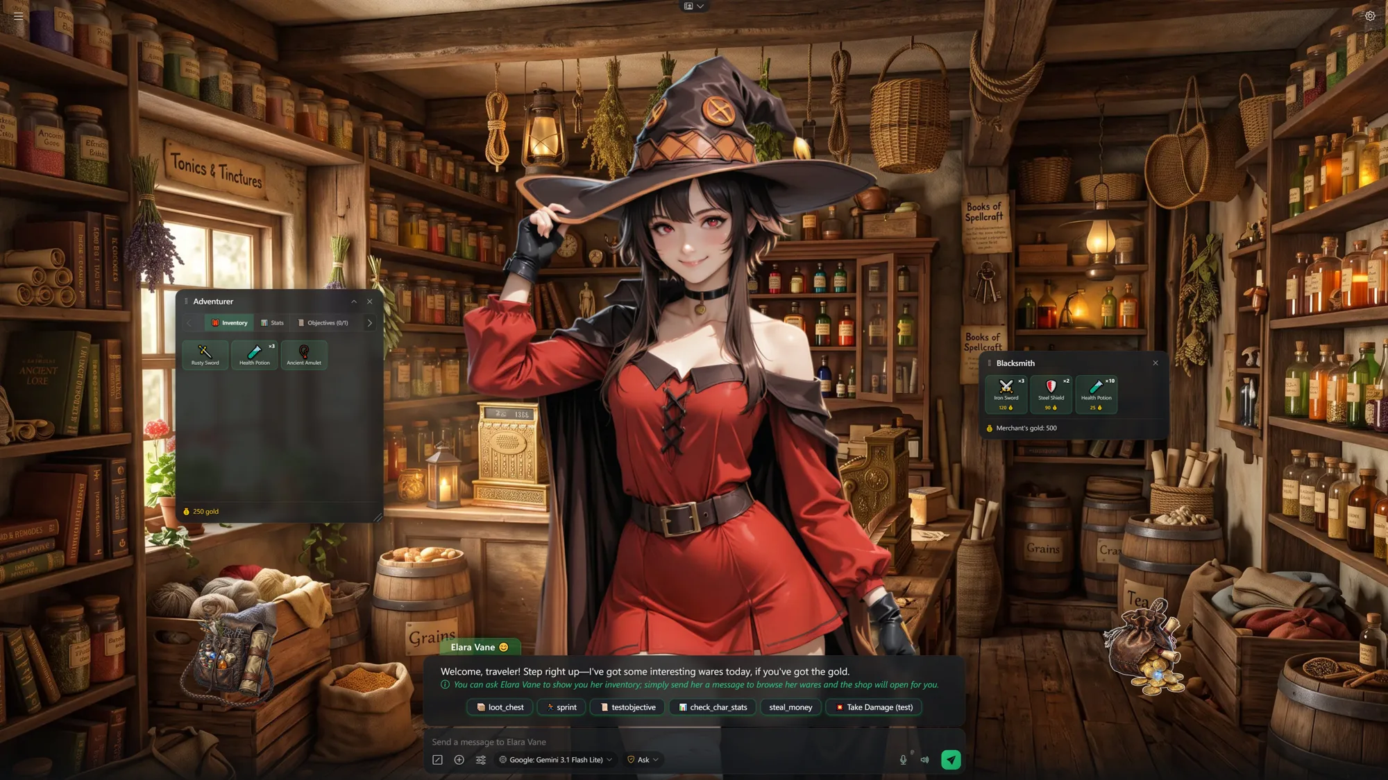 Playing a scenario: a merchant character with inventory and shop panels